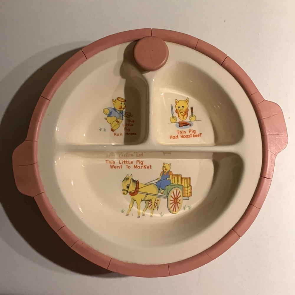VINTAGE So Vintage Baby Food warming dish, Ceramic, this little piggy, has box